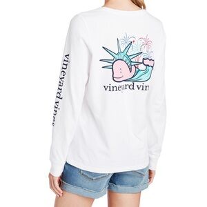 Vineyard Vines White Cotton Long Sleeve Tee w/ Statue of Liberty Whale Graphic